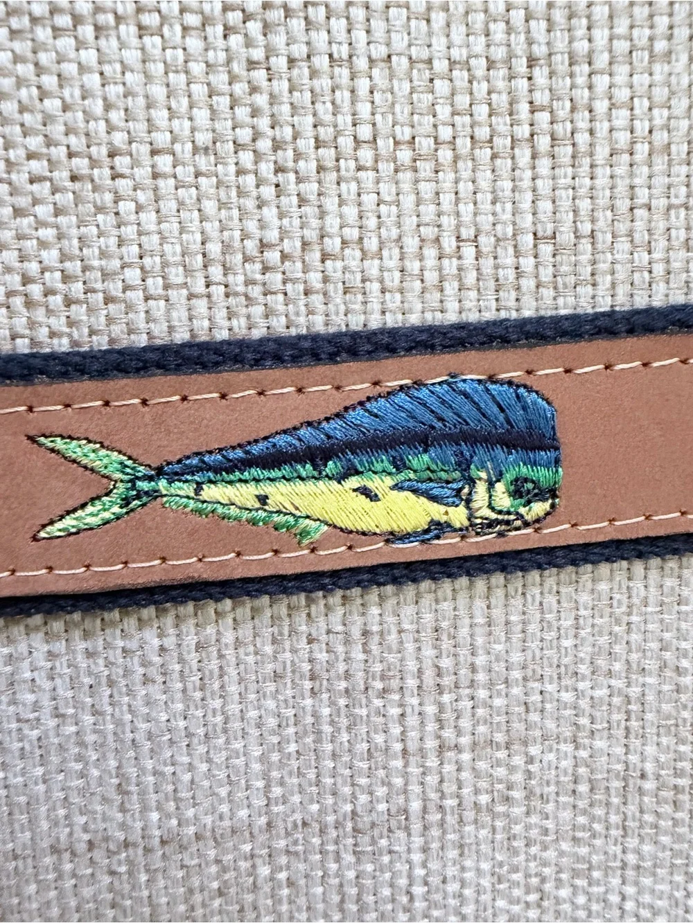 West Marine Men's Embroidered Dolphin Fish Belt Brass USA Made Size 42 Altered